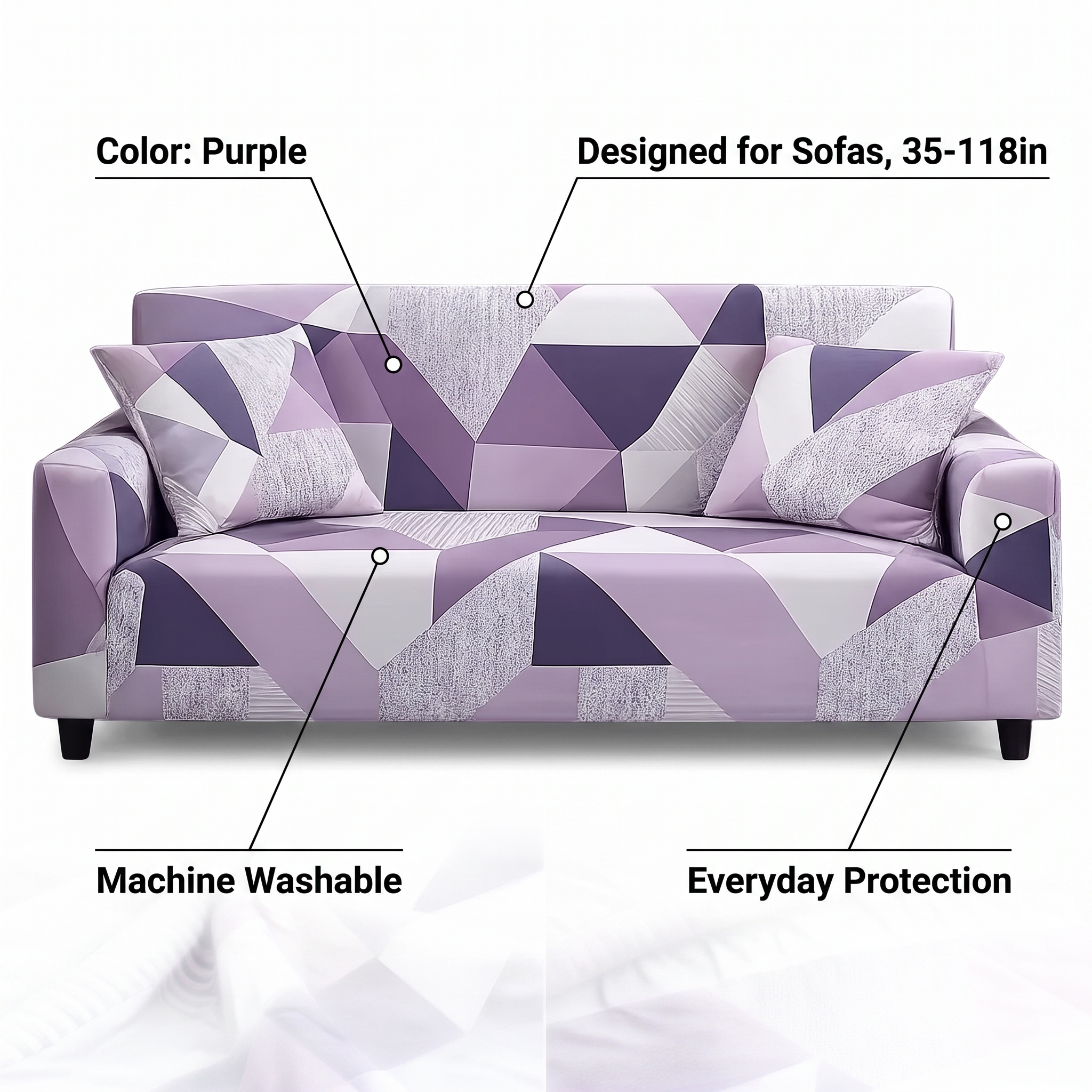 Stretch Sofa Slipcover – Purple Geometric Mosaic Print – features and specifications overview | Brivenzo