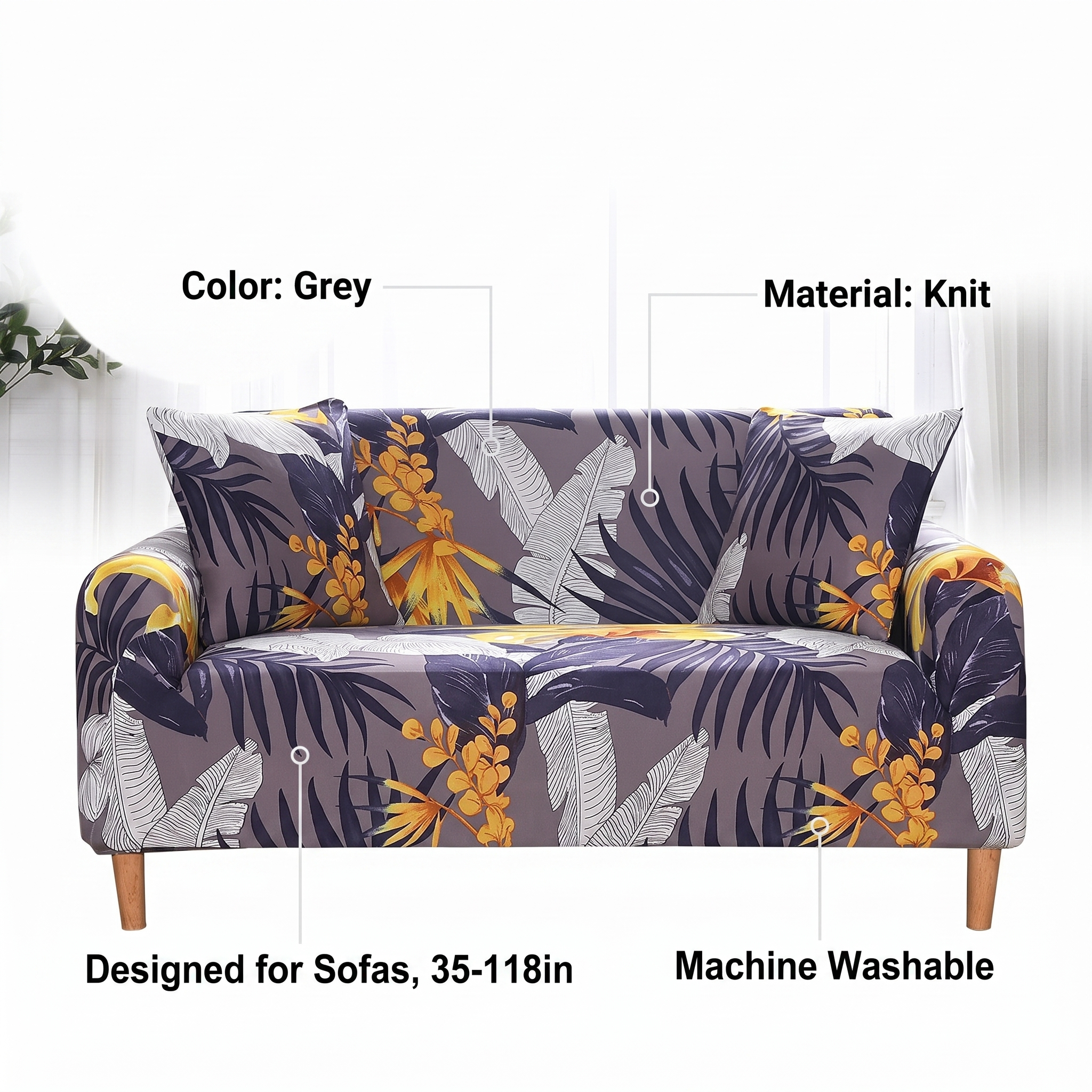 Stretch Sofa Slipcover – Purple Grey Gold Tropical Leaf Print – features and specifications overview | Brivenzo