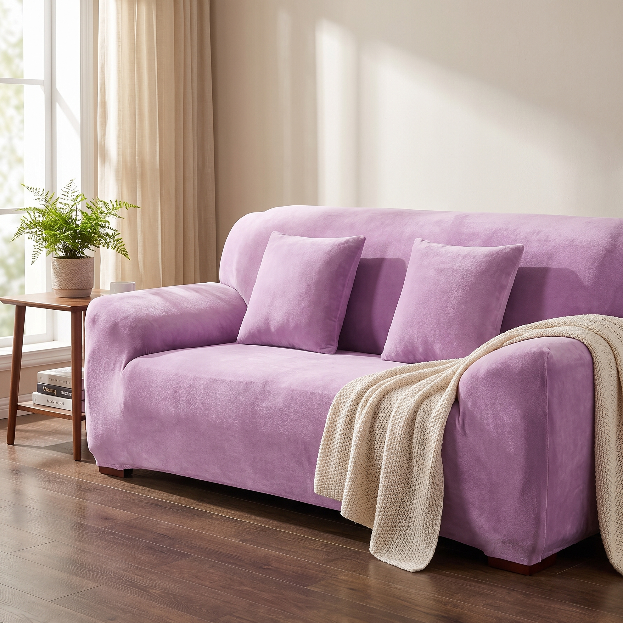 Stretch Sofa Slipcover – Purple Velvet shown in a styled home interior | Brivenzo