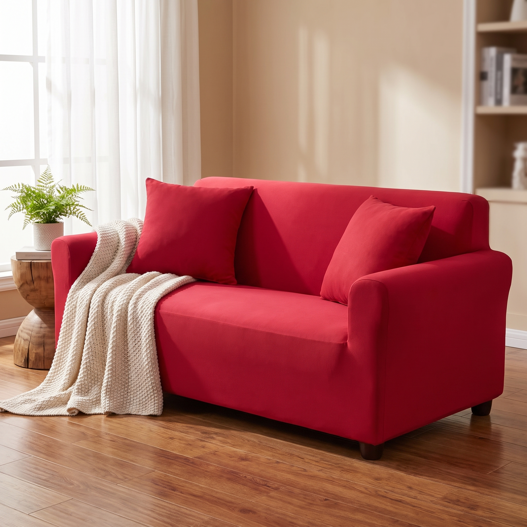 Stretch Sofa Slipcover – Red shown in a styled home interior | Brivenzo