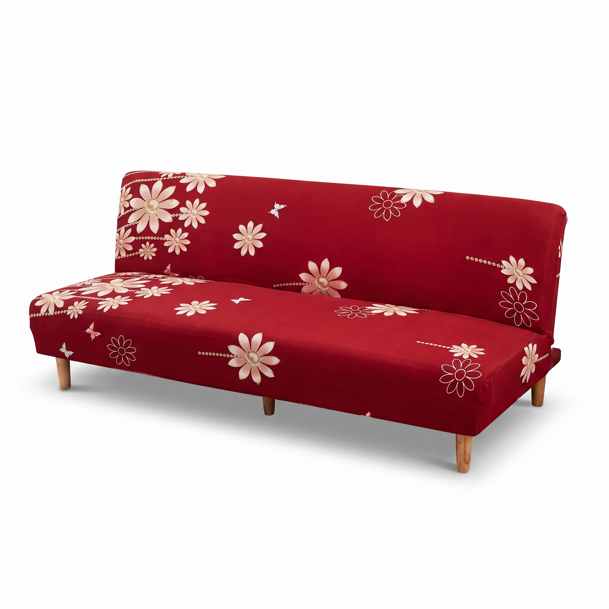 Stretch Sofa Slipcover – Red White Floral Print Sofa Bed – product photo on a white background | Brivenzo