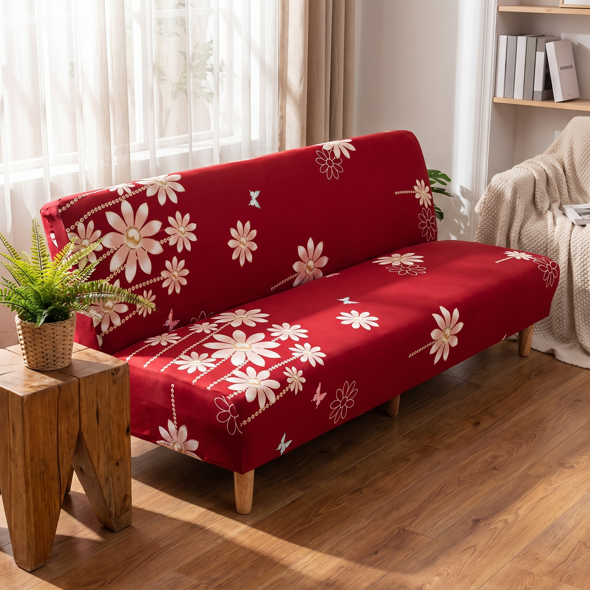 Stretch Sofa Slipcover – Red White Floral Print Sofa Bed shown in a styled home interior | Brivenzo