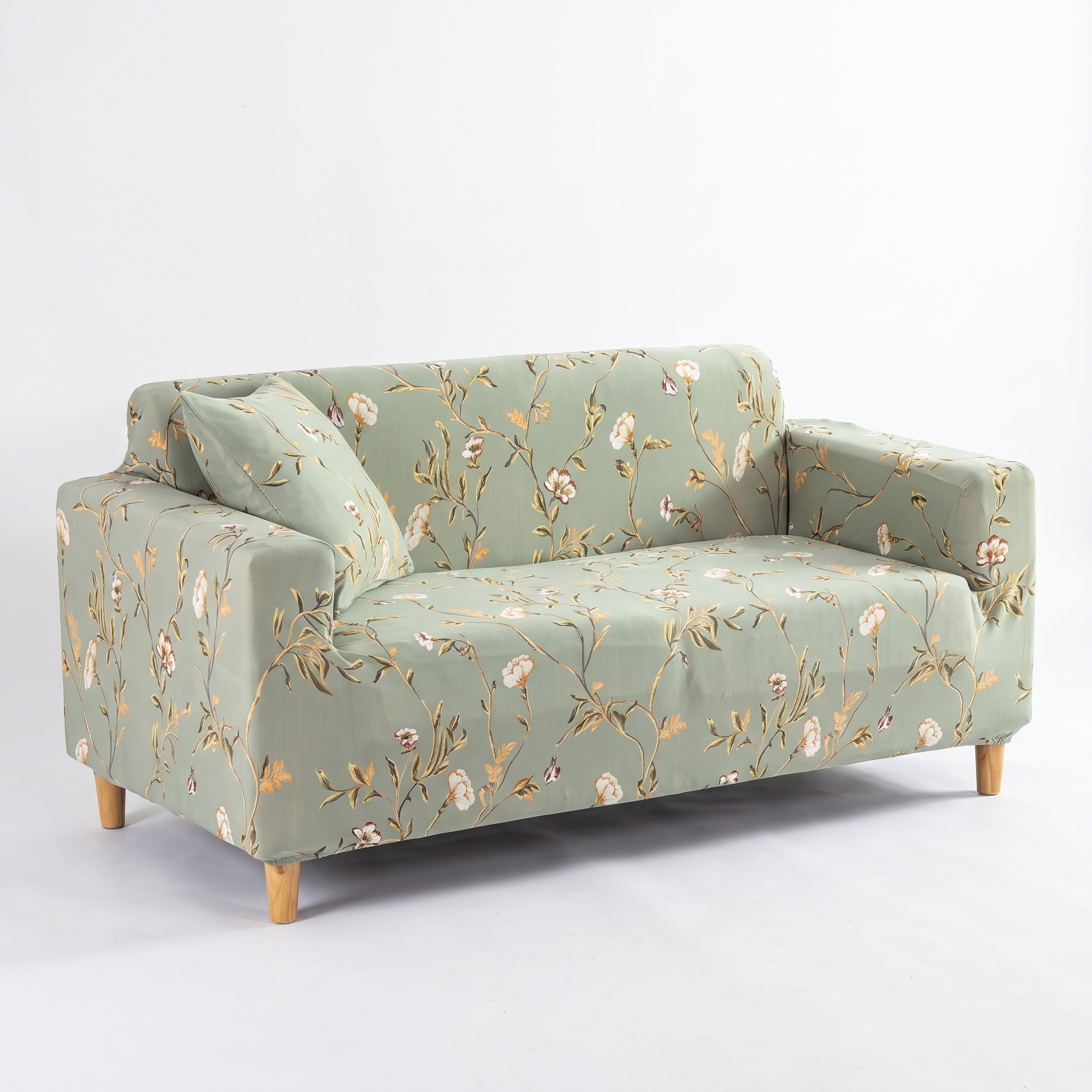 Stretch Sofa Slipcover – Sage Green Floral Print – product photo on a white background | Brivenzo