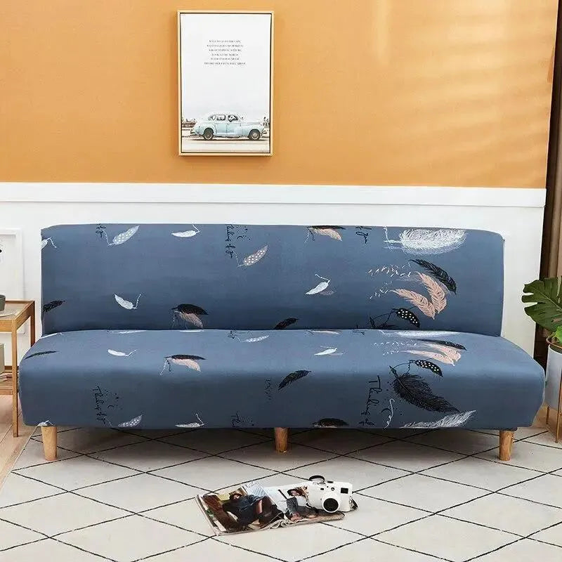 Stretch Sofa Slipcover – Slate Blue Feather Print Sofa Bed – product view 4 | Brivenzo