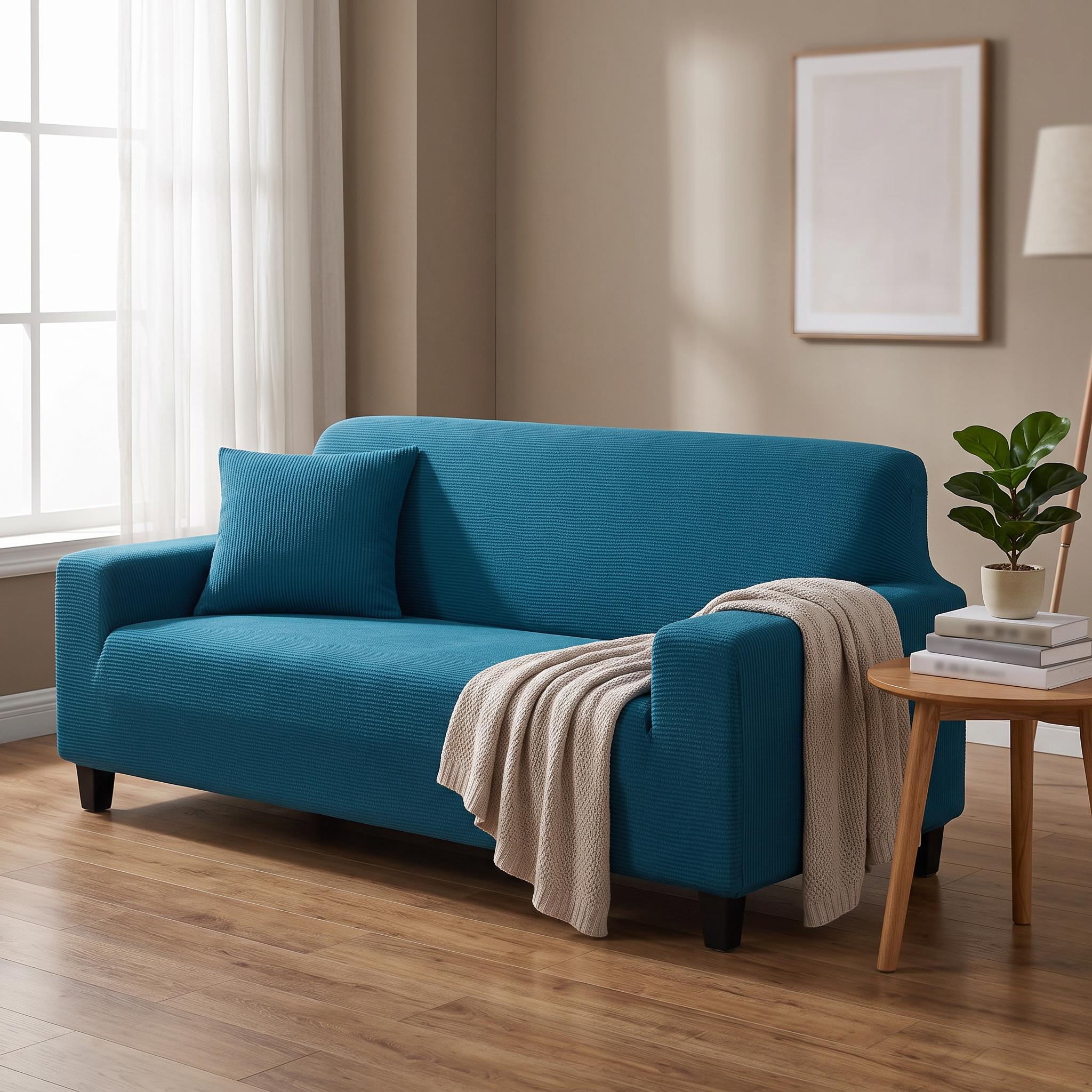 Stretch Sofa Slipcover – Teal Ribbed Stretch Fabric shown in a styled home interior | Brivenzo
