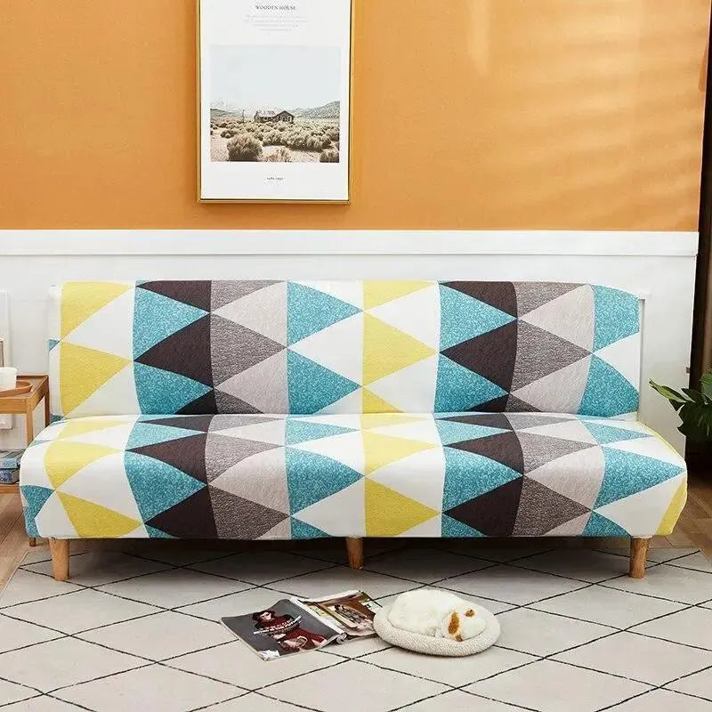 Stretch Sofa Slipcover – Teal Yellow Grey Triangle Print Sofa Bed – product view 4 | Brivenzo