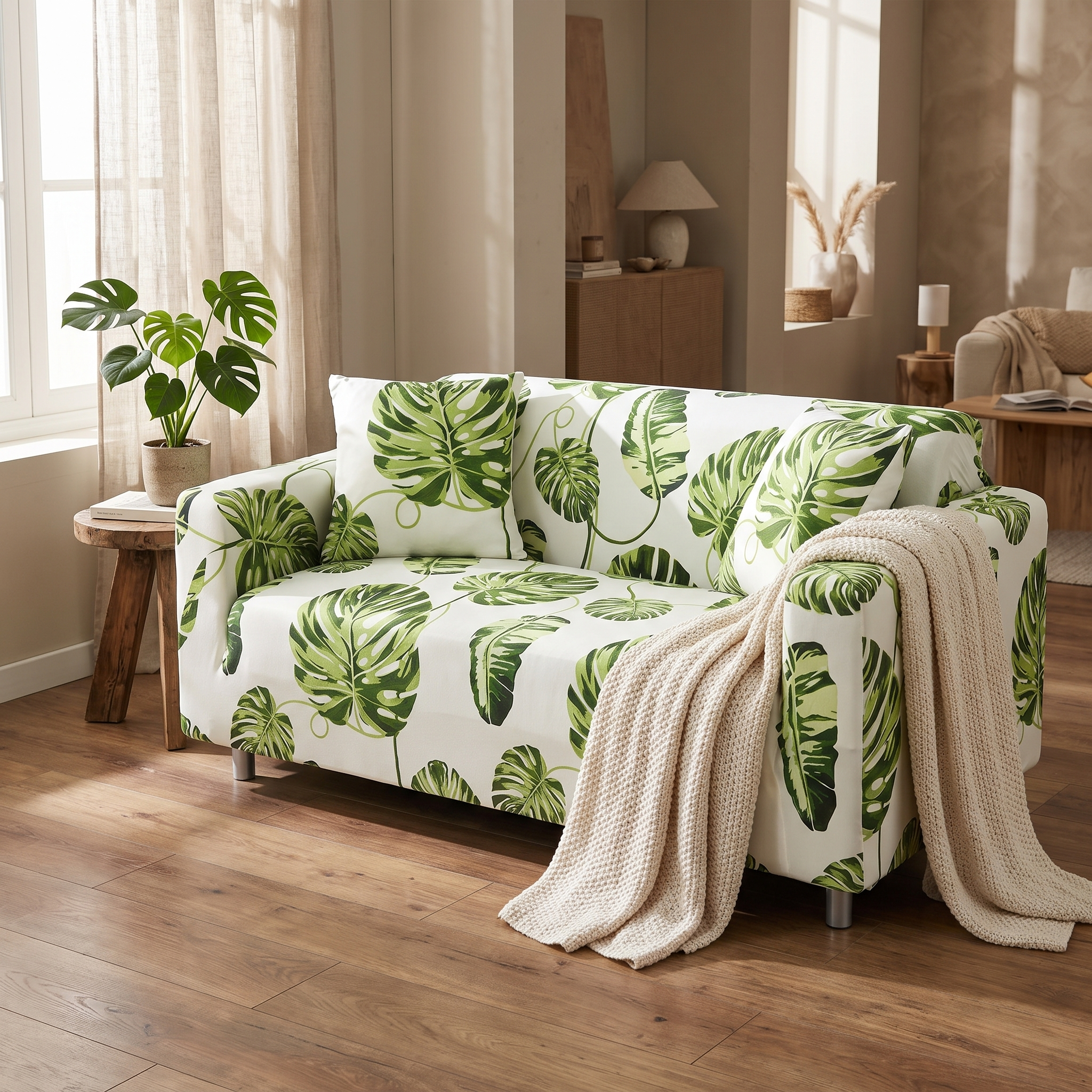 Stretch Sofa Slipcover – White Green Tropical Leaf Print shown in a styled home interior | Brivenzo