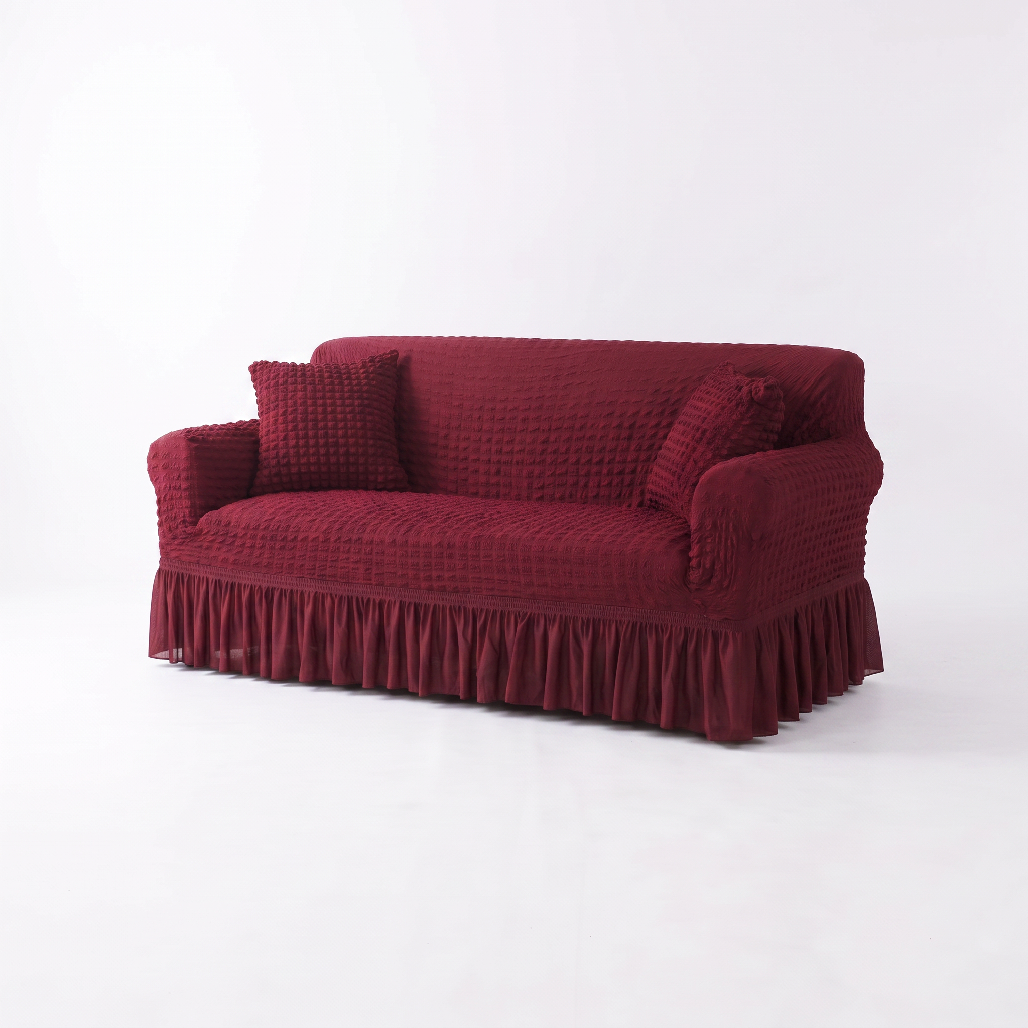 Stretch Sofa Slipcover – Wine Red Ruffled Skirt – product photo on a white background | Brivenzo