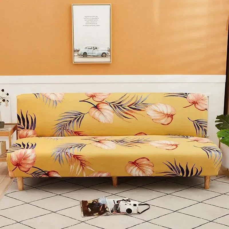 Stretch Sofa Slipcover – Yellow Coral Tropical Leaf Print Sofa Bed – product view 4 | Brivenzo