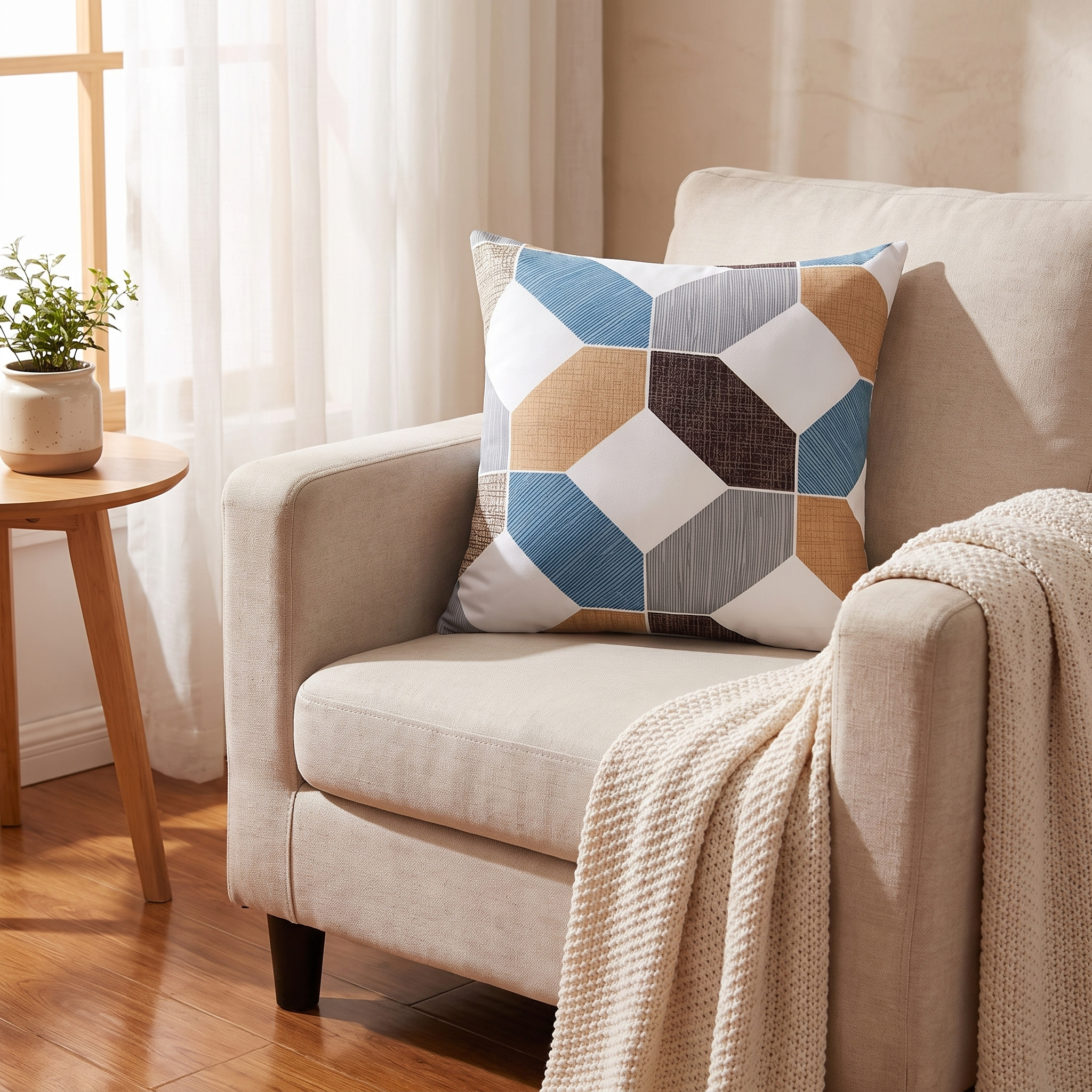 Throw Pillow Cover – Blue Tan Brown Geometric Print shown in a styled home interior | Brivenzo