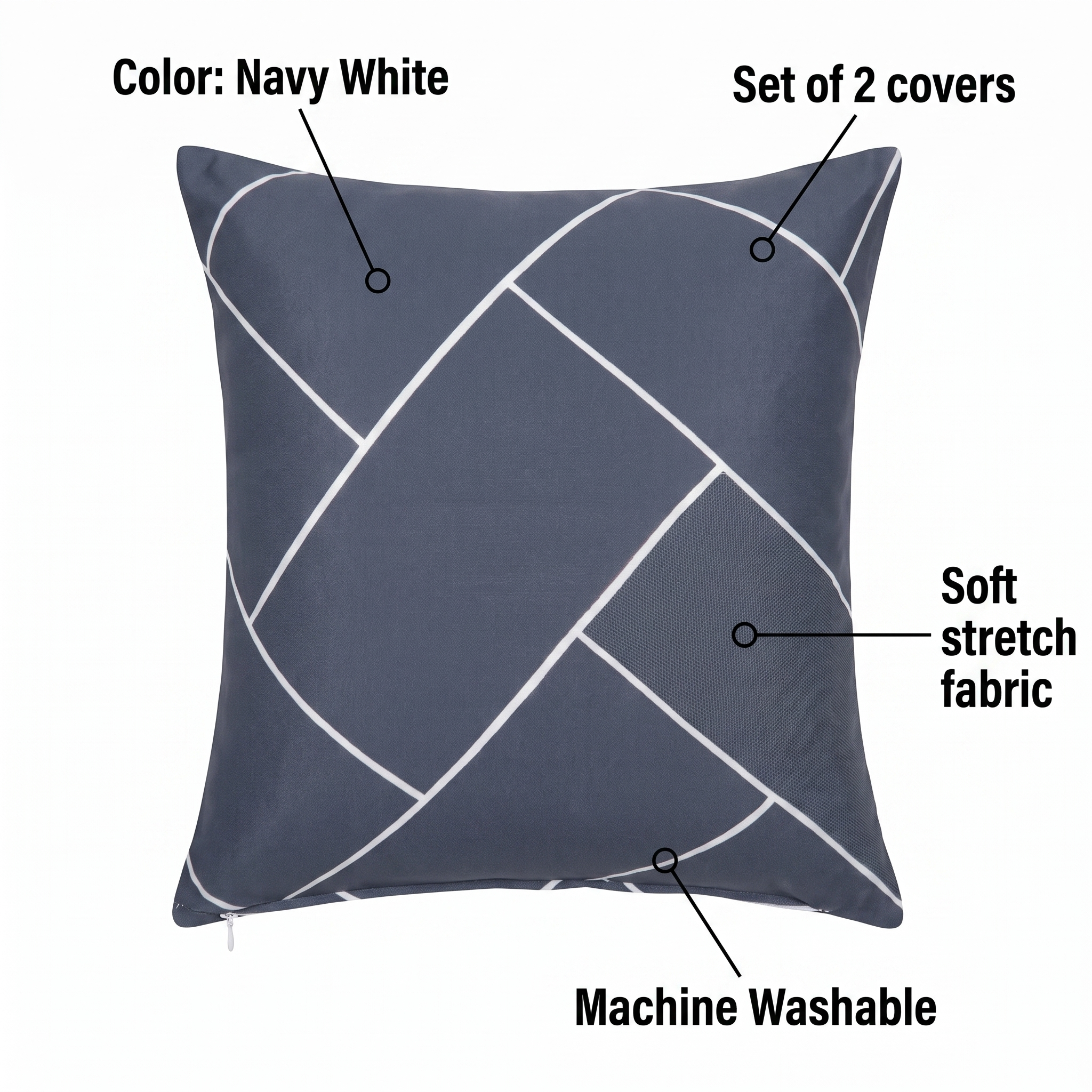 Throw Pillow Cover – Navy White Geometric Curve Print – features and specifications overview | Brivenzo