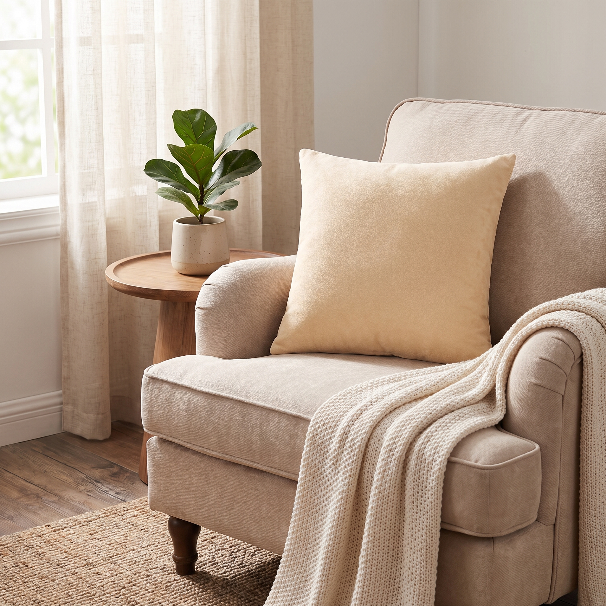Velvet Throw Pillow Cover – Beige Velvet shown in a styled home interior | Brivenzo