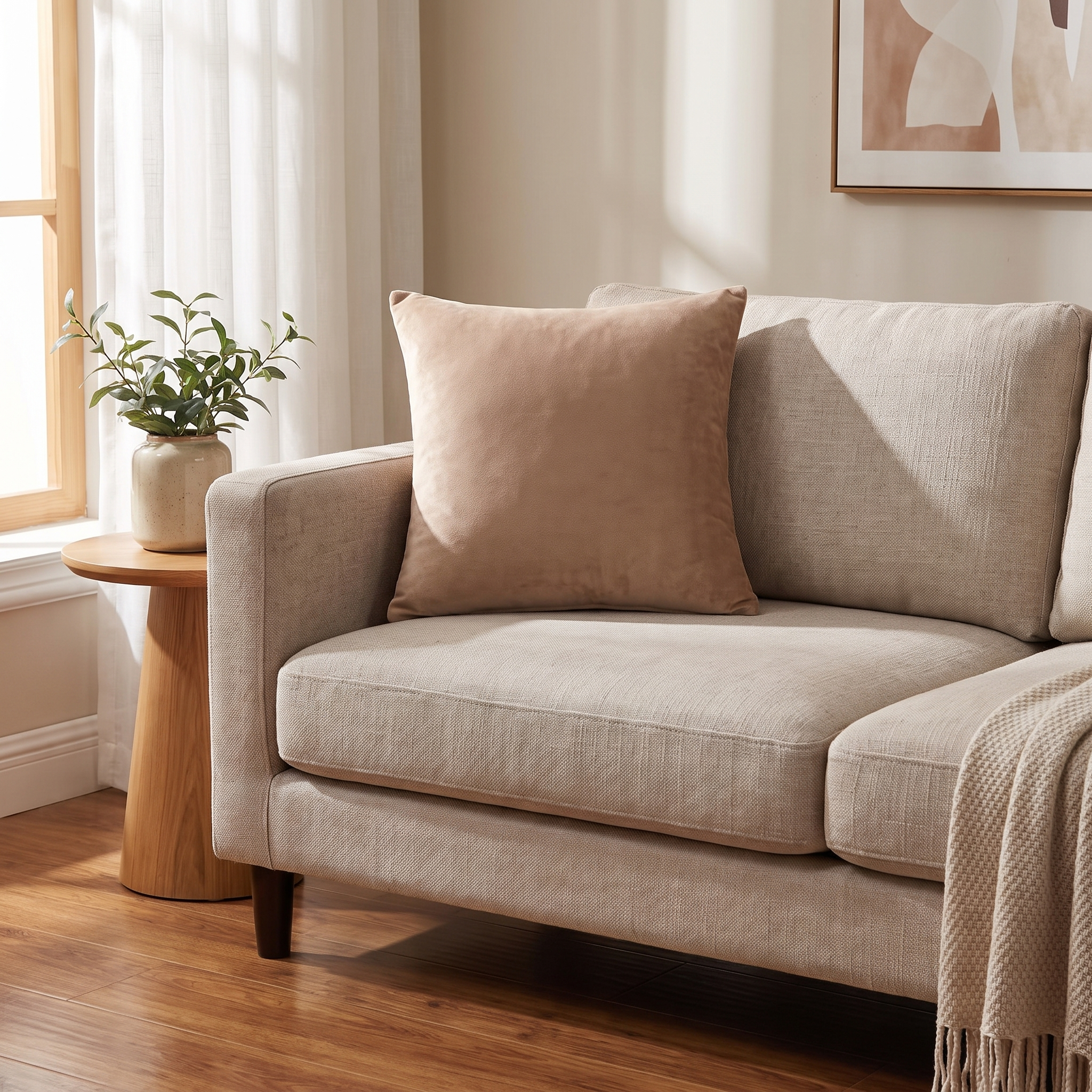 Velvet Throw Pillow Cover – Camel Velvet shown in a styled home interior | Brivenzo