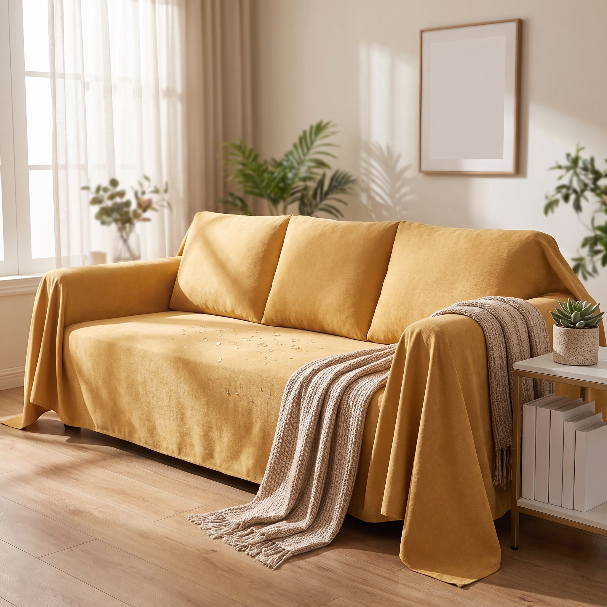 Waterproof Sofa Cover – Yellow shown in a styled home interior | Brivenzo