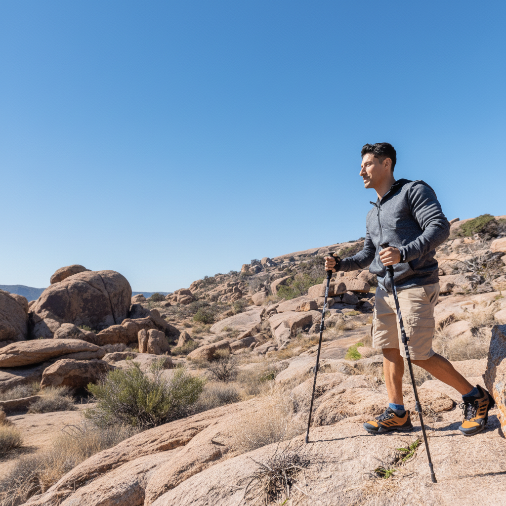 Trekking poles folded into five sections next to a backpack