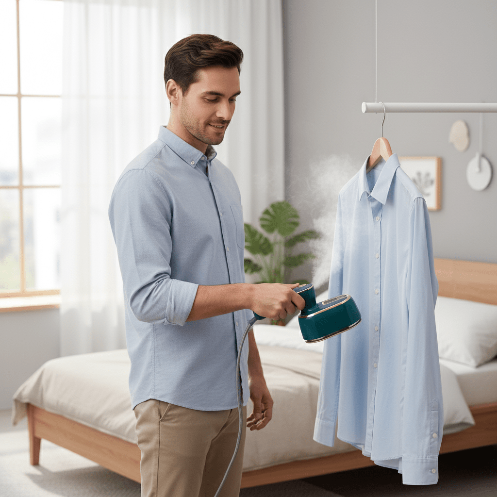 Compact garment steamer smoothing a shirt on a hanger
