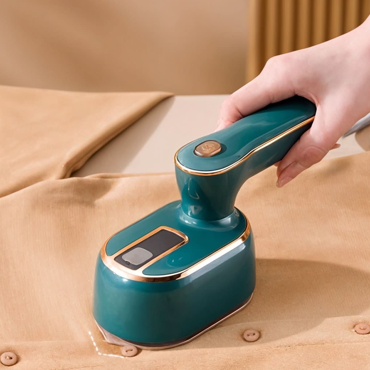 Travel garment steamers in green, light purple, white and blue