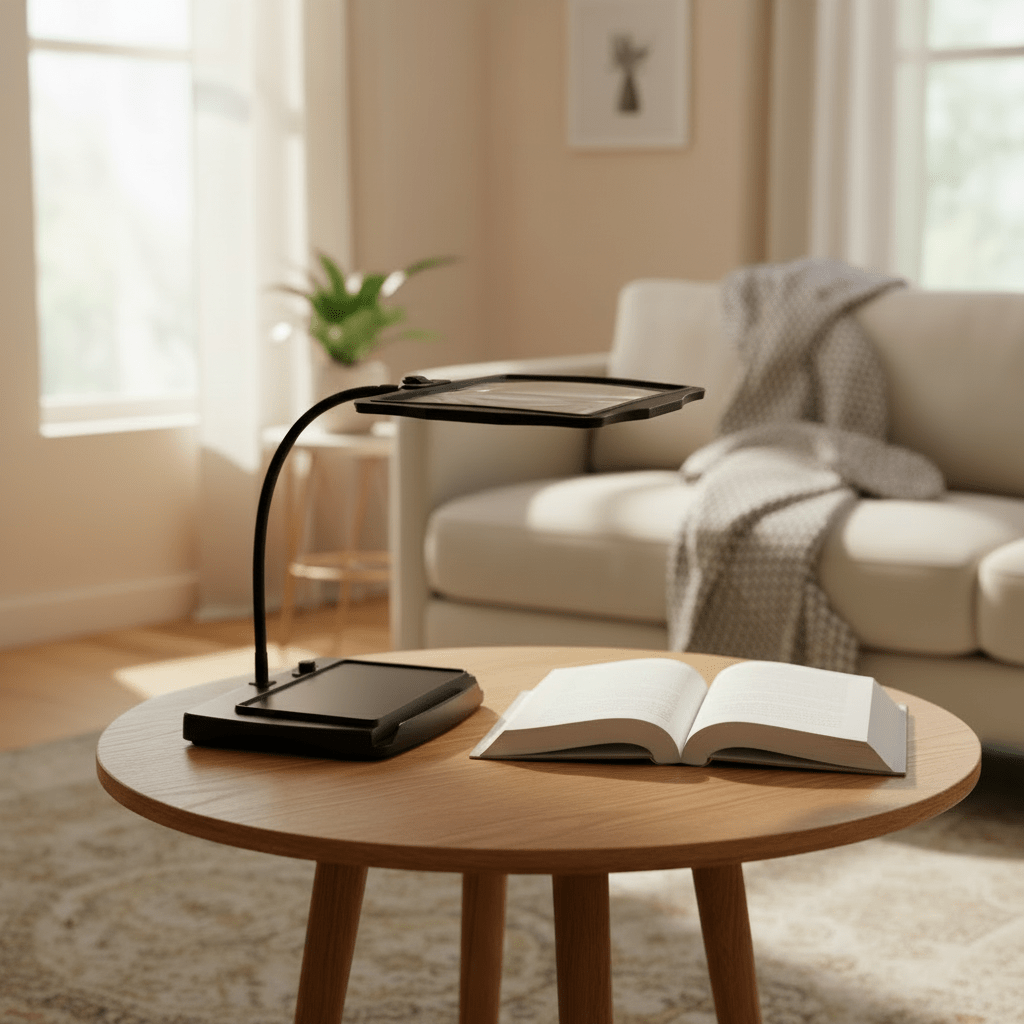 Desk magnifying lamp with LED light over a crafting project