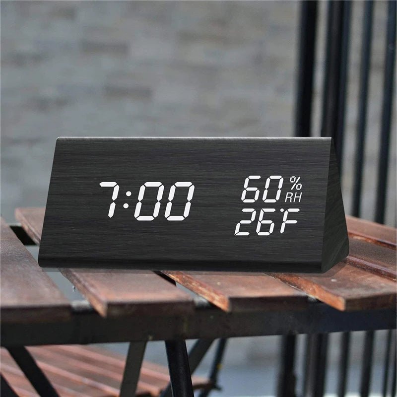 Digital Wood Look Clock with Temperature and LED Display, Battery or USB Powered, view 2