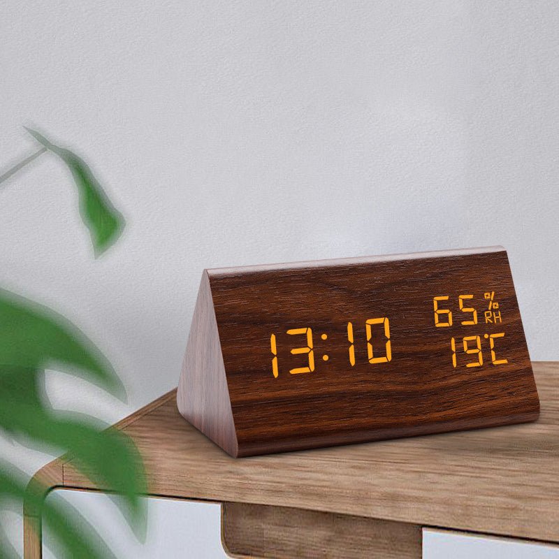Digital Wood Look Clock with Temperature and LED Display, Battery or USB Powered, view 3