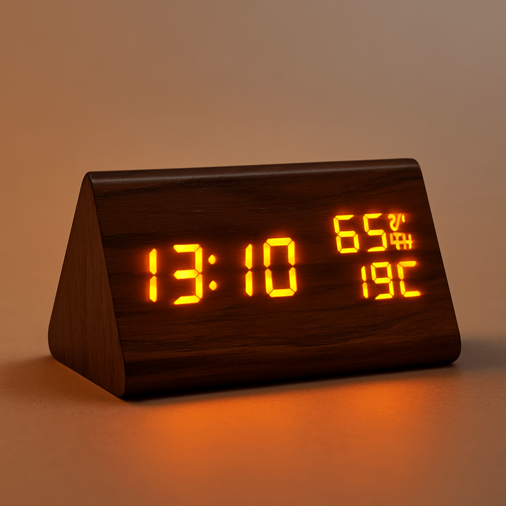 Digital Wood Look Clock with Temperature and LED Display, Battery or USB Powered, view 5