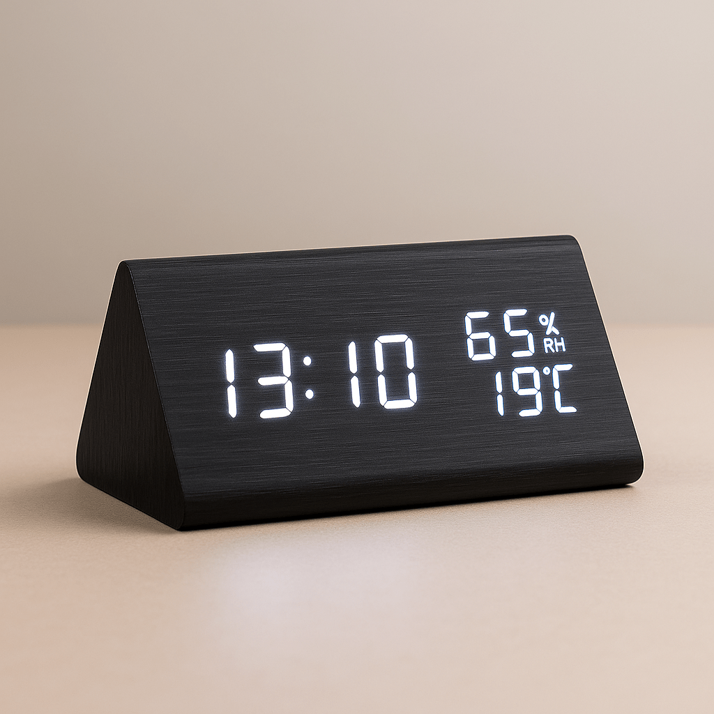 Digital Wood Look Clock with Temperature and LED Display, Battery or USB Powered, view 7