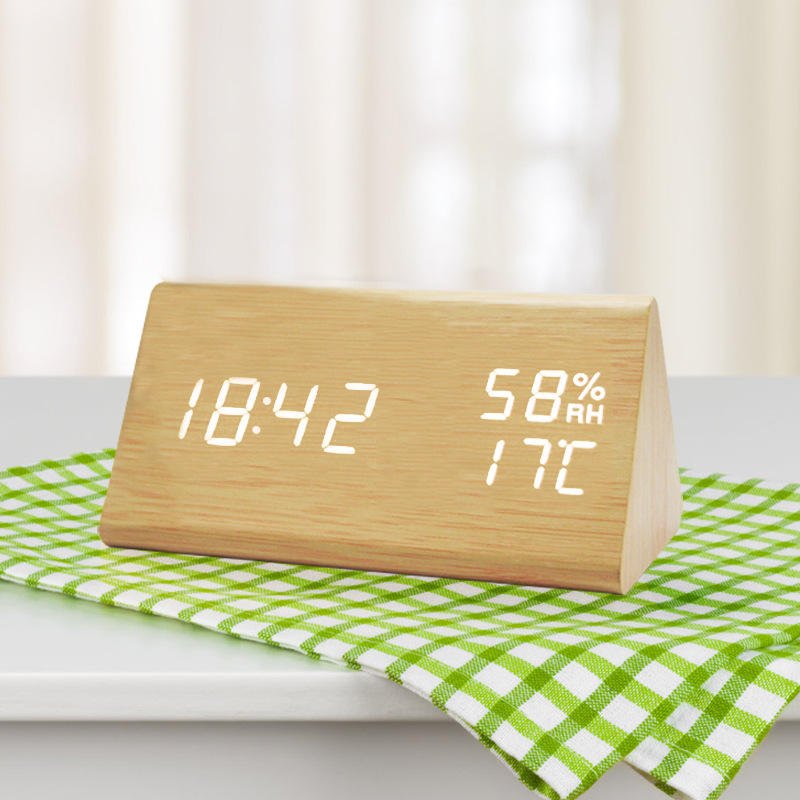 Digital Wood Look Clock with Temperature and LED Display, Battery or USB Powered, view 8