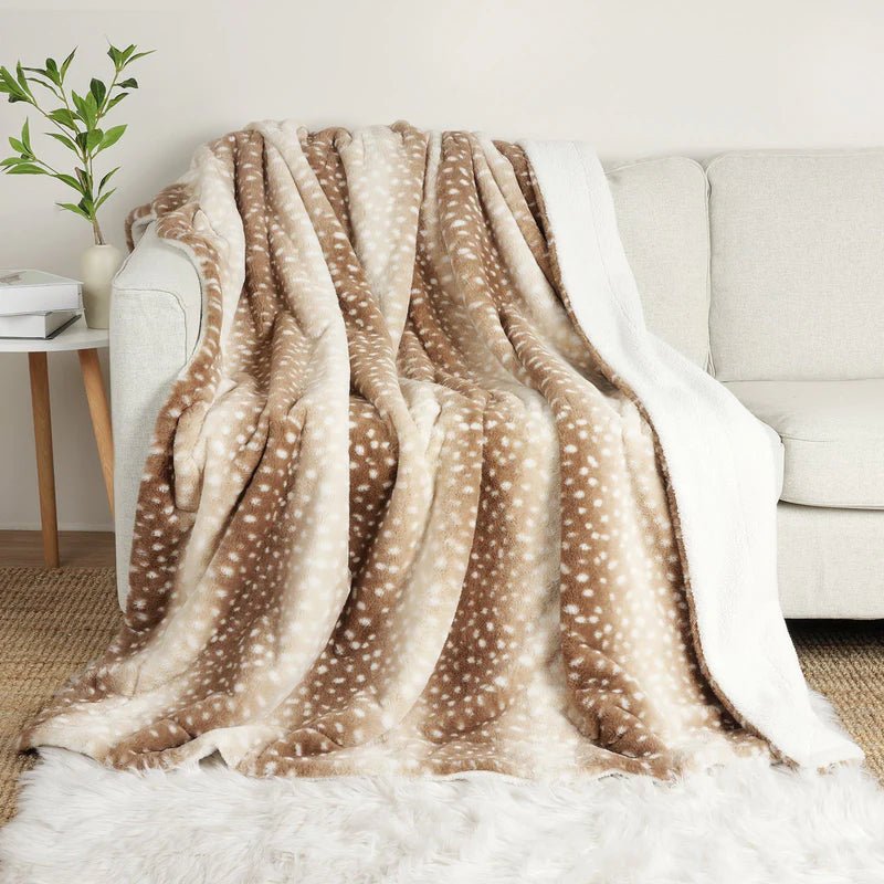 Double Sided Faux Fur Throw Blanket with Deer Pattern, up to 87 x 94 in, view 1