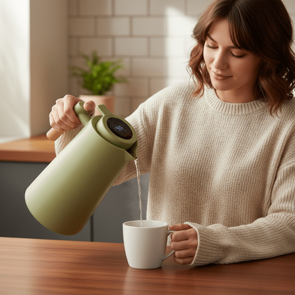 Stainless steel thermos carafe with wooden handle and temperature display on the lid