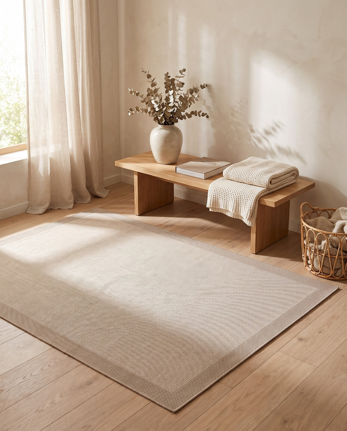 Easy Clean Rug Beige Harmony Border Spillproof Pet-Friendly Mini | Durable Pile, 2-9ft