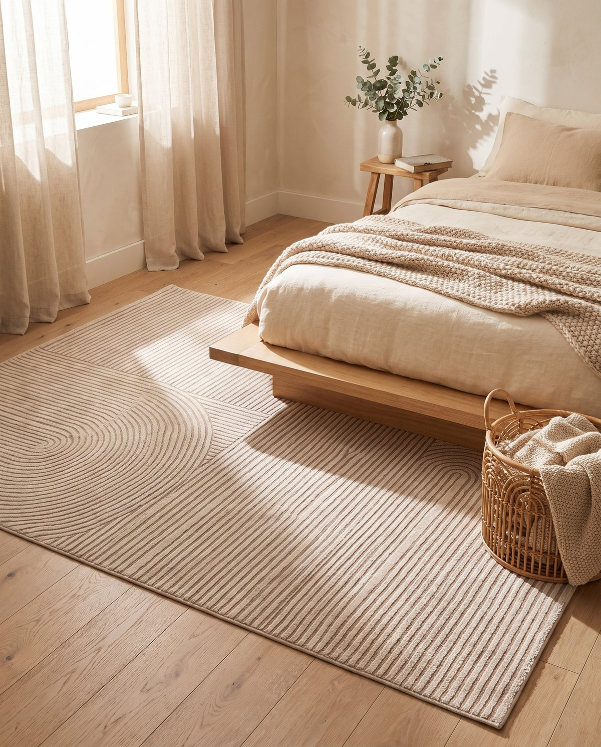 Easy Clean Rug Curved Geometry Non-Slip Quick-Drying Bath Mat | Durable Pile, 1-9ft
