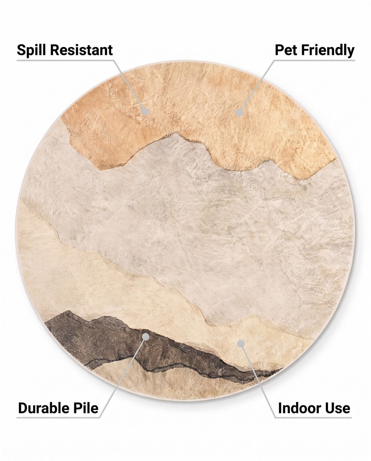 Easy Clean Rug Earthy Tones Abstract Round Spillproof Pet Friend | Durable Pile, 4-8ft