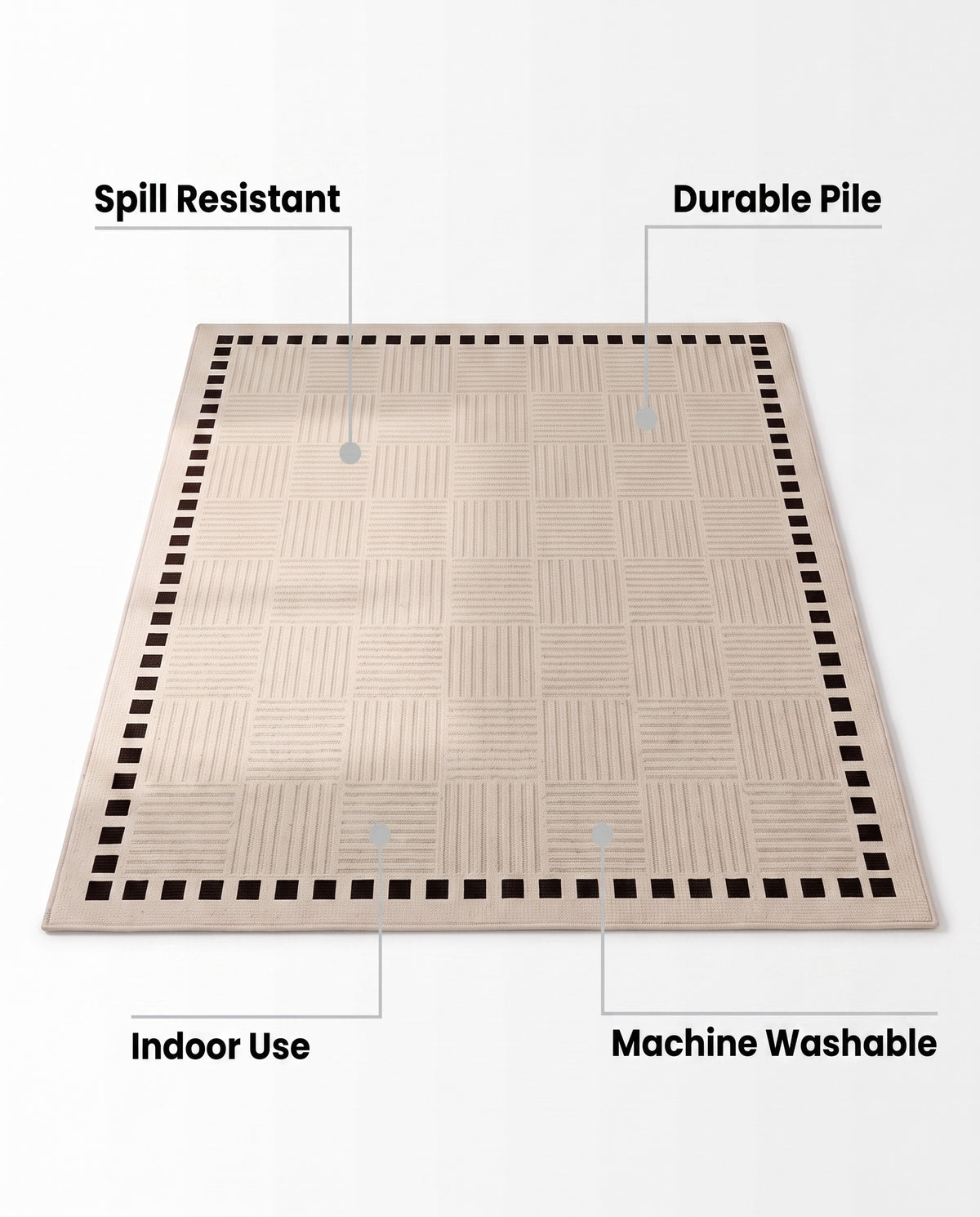 Easy Clean Rug Elegant Checkered Border Spillproof Modern Living | Durable Pile, 6-9ft