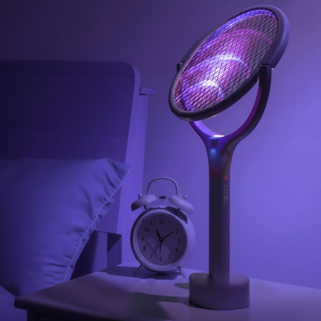 Electric Bug Zapper Racket with LED Light, Safety Mesh and Rotating Head, view 1