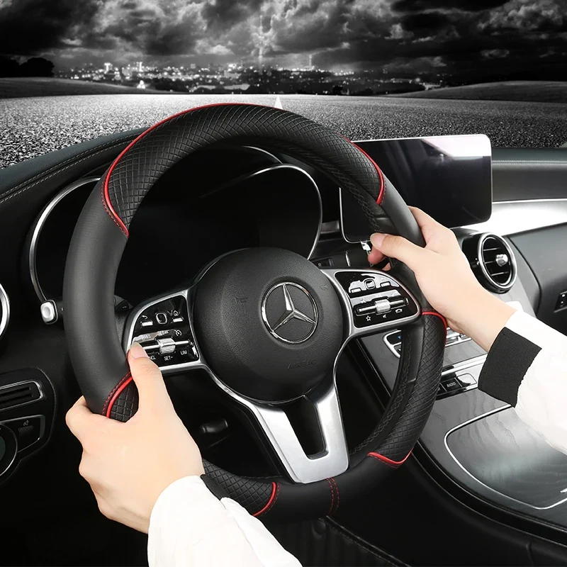 Faux leather steering wheel cover with diamond stitching in a car