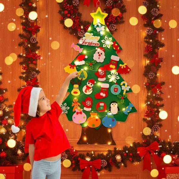 Felt Wall Christmas Tree with 30+ Ornaments and Warm White LEDs for Kids, view 4
