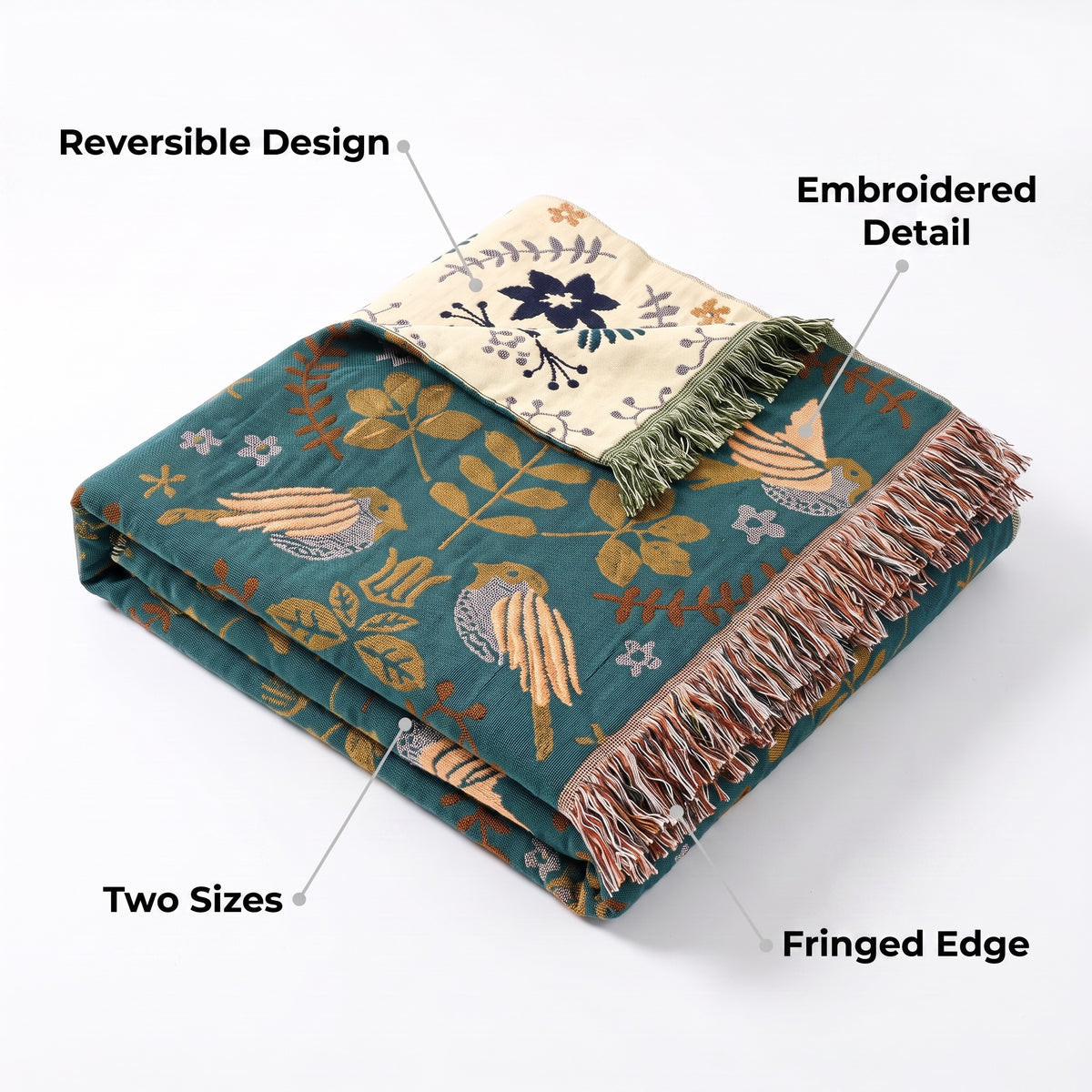 Embroidered Reversible Throw | Two-Sided Design, 59-91in