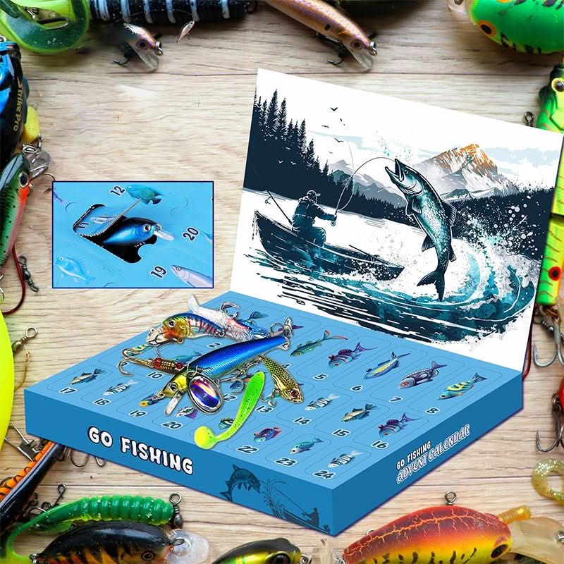 Open doors of the fishing advent calendar showing lures and hooks