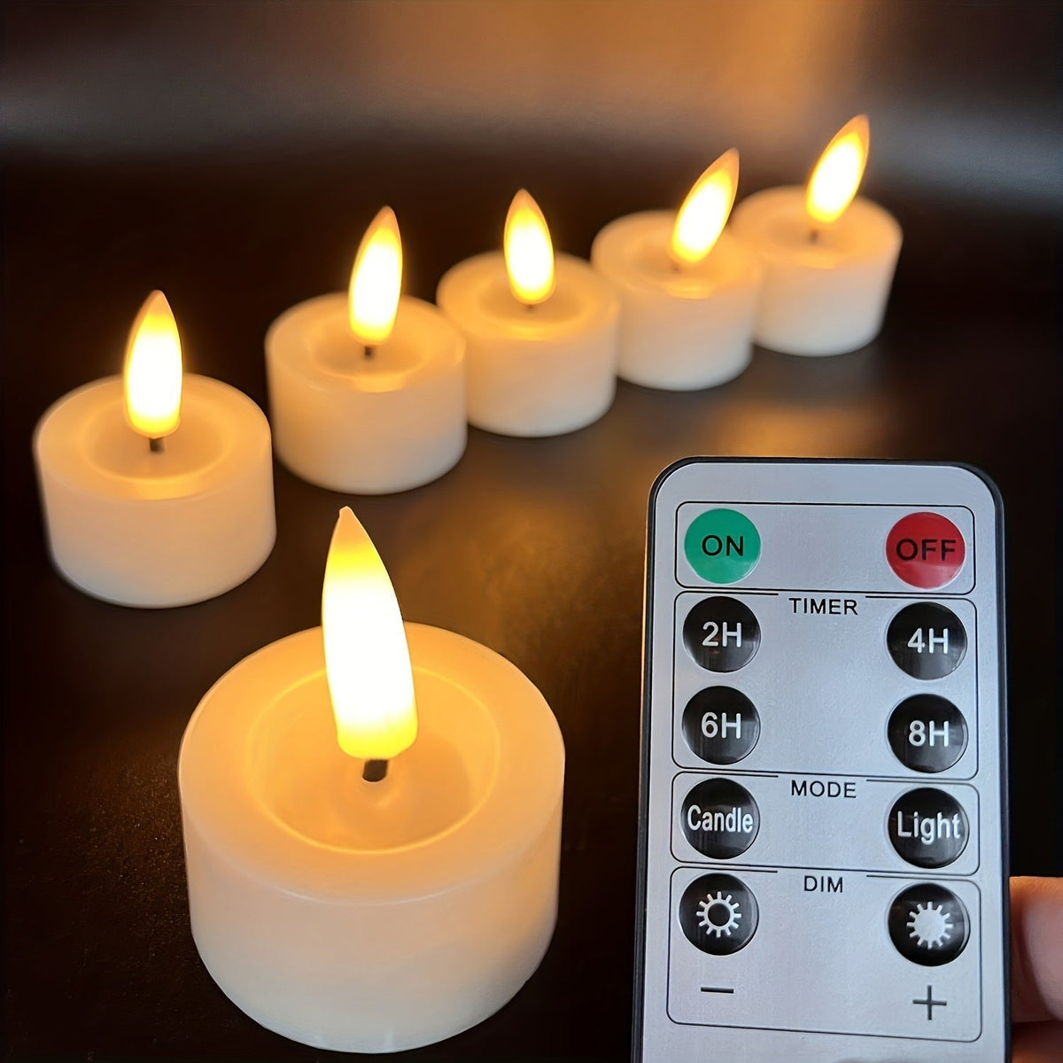 Flickering LED tea lights with a small remote control