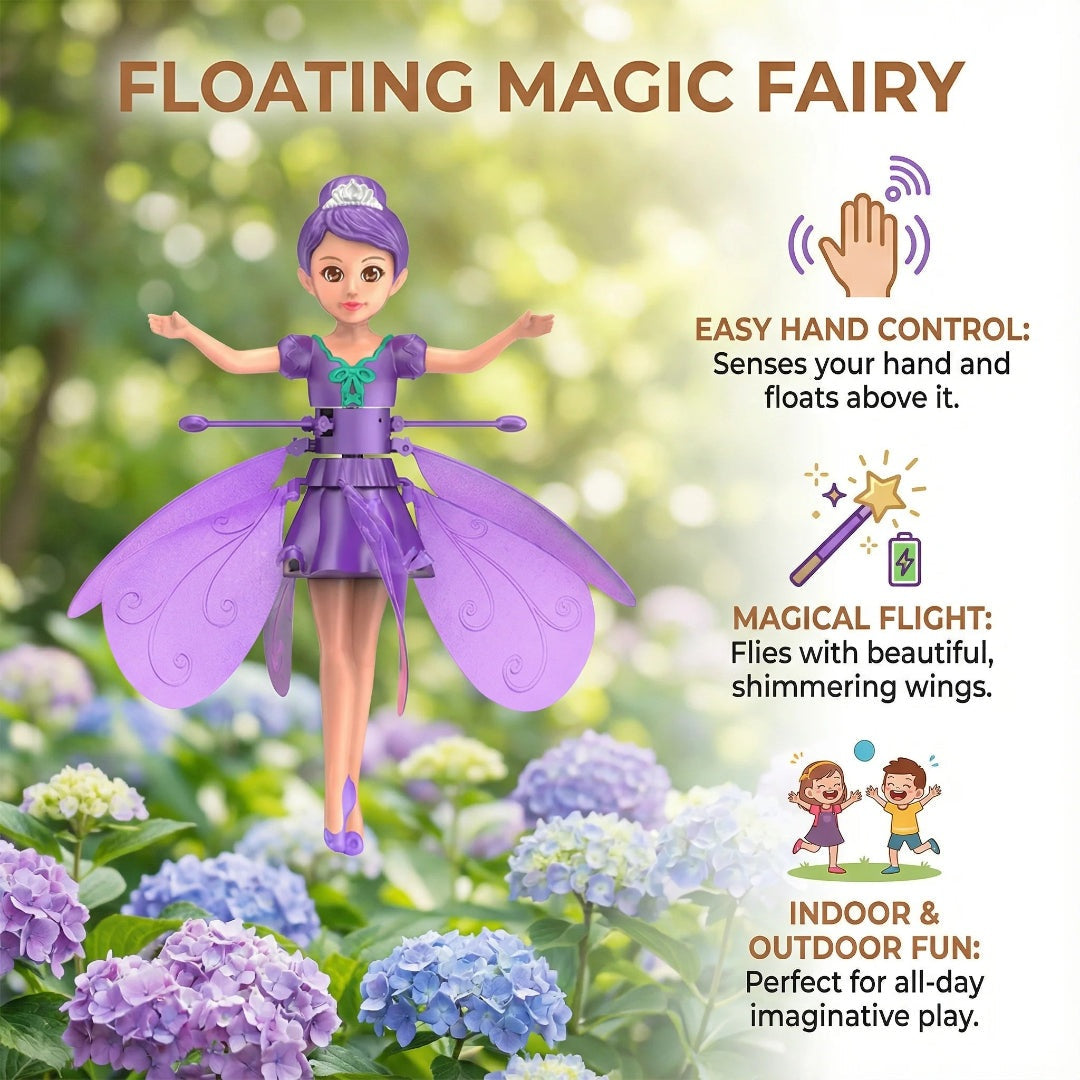 Flying fairy doll in purple, blue and pink shown side by side