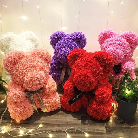Rose bear made of foam roses standing on a dresser as home decor