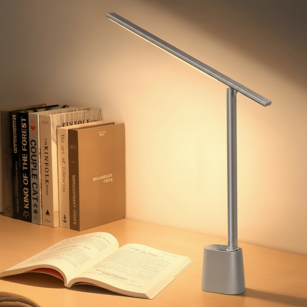 Foldable LED desk lamp lighting up a laptop workspace