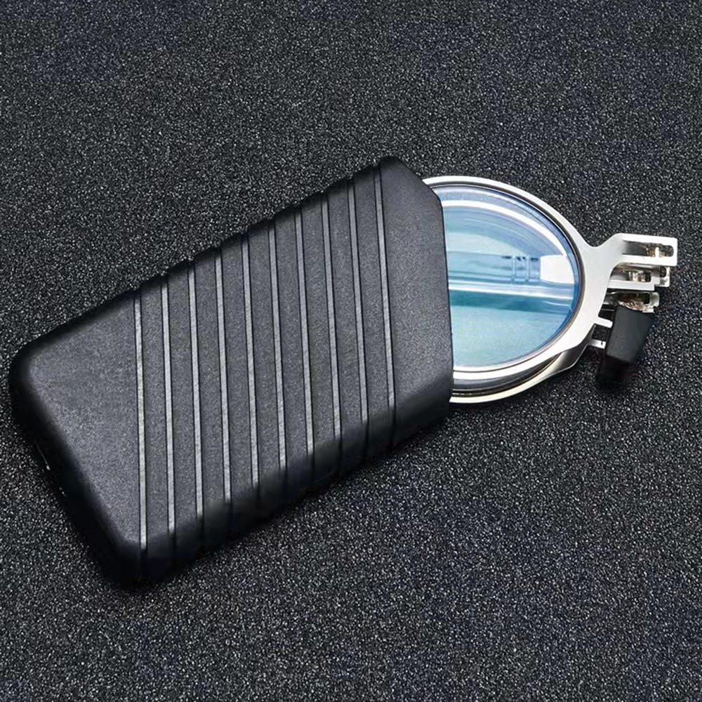 Reading glasses folded small enough to fit in a shirt pocket