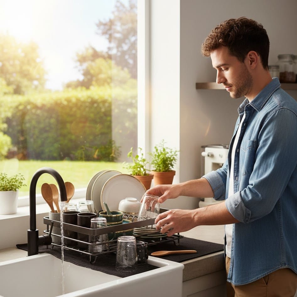 Foldable stainless steel dish rack on a kitchen counter holding plates and glasses