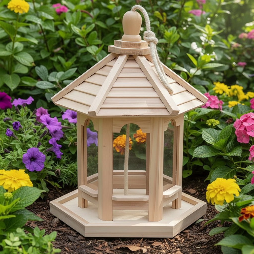 Handmade Wooden Hanging Bird Feeder with Built In Water Dish, view 2