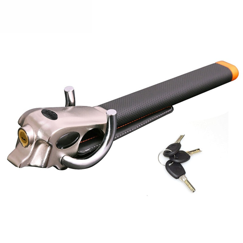 Steering wheel lock with alarm in silver and black