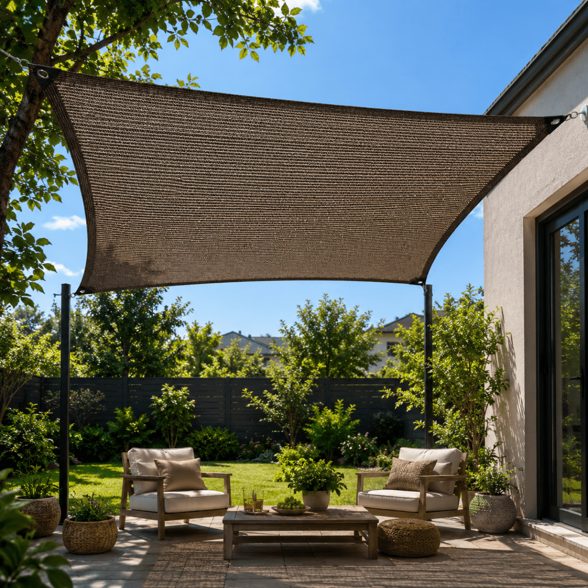 HDPE shade cloth stretched over a patio seating area