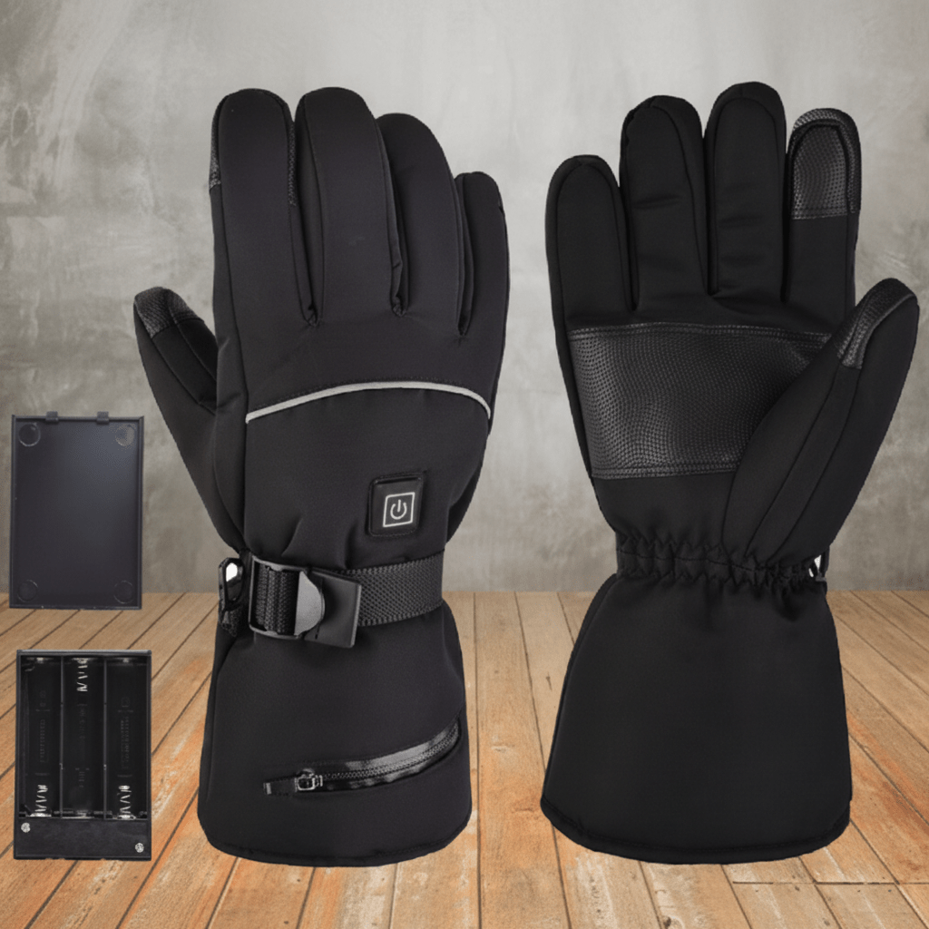 Black heated winter gloves on motorcycle handlebars
