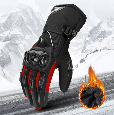 Waterproof motorcycle gloves with reflective details on a handlebar