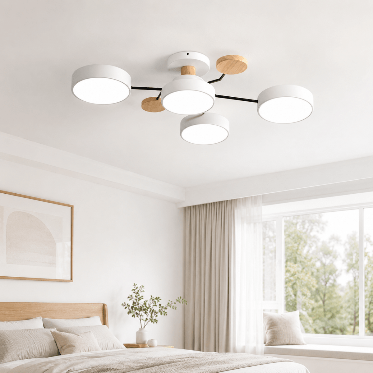 Iron and wood LED ceiling light with multiple shades above a living room